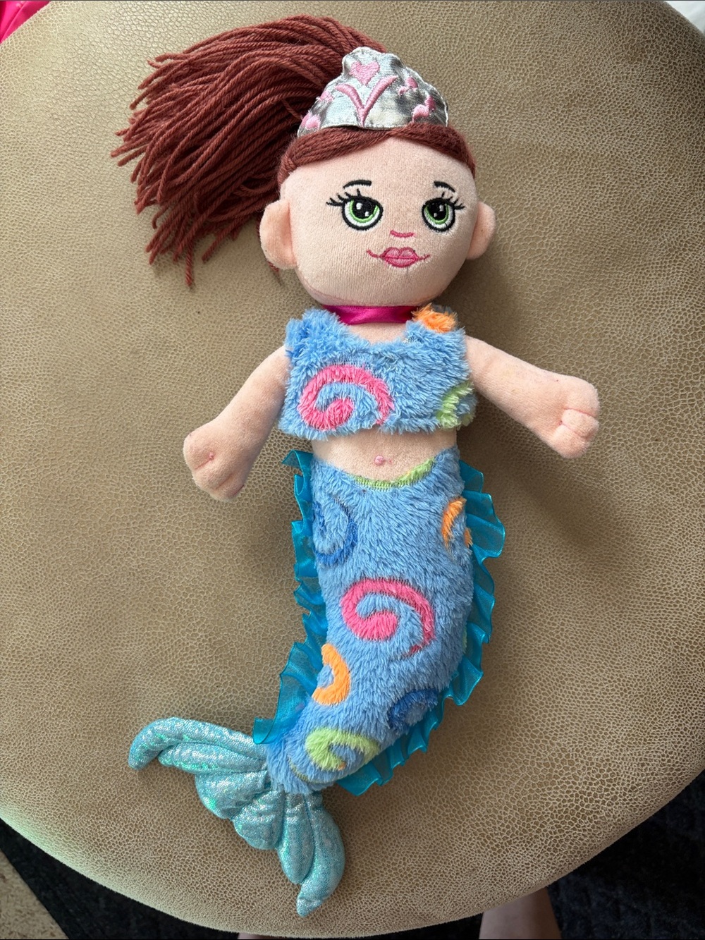 Mermaid stuffed plush, yarn hair, 2010, approx. 16 inches long